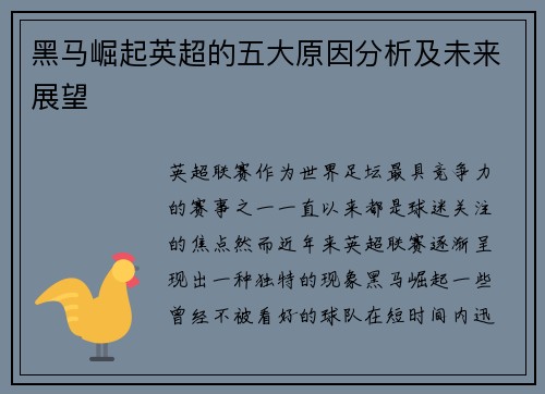 黑马崛起英超的五大原因分析及未来展望 黑马崛起英超的五大原因分析及未来展望