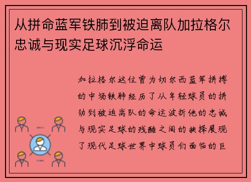 从拼命蓝军铁肺到被迫离队加拉格尔忠诚与现实足球沉浮命运
