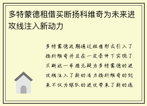 多特蒙德租借买断扬科维奇为未来进攻线注入新动力 多特蒙德租借买断扬科维奇为未来进攻线注入新动力