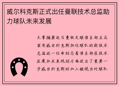 威尔科克斯正式出任曼联技术总监助力球队未来发展